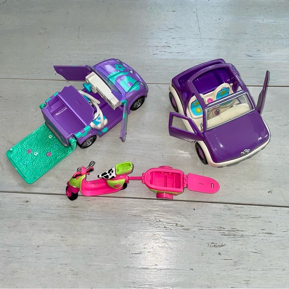 Polly Pocket Lot of 3: Two Purple Cars/One Pink Scooter with Attached Pink Cart - Picture 3 of 3
